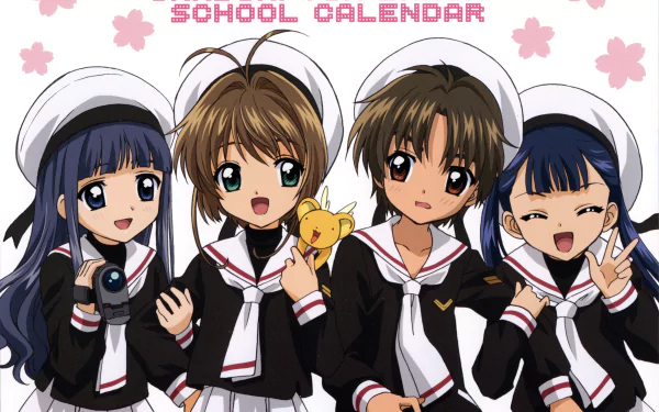 4K Ultra HD wallpaper featuring Meiling Li, Syaoran Li, Tomoyo Daidouji, and Sakura Kinomoto in school uniforms with Keroberos from Cardcaptor Sakura, anime style.