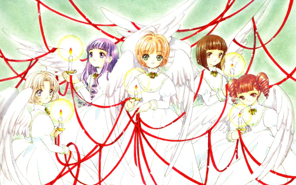 4K Ultra HD desktop wallpaper featuring Tomoyo Daidouji and Sakura Kinomoto from the anime Cardcaptor Sakura, depicted as angelic figures connected by red ribbons.