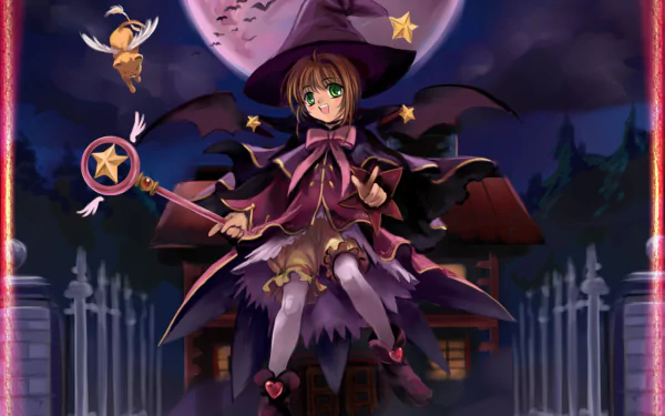 HD anime Halloween wallpaper featuring Sakura Kinomoto dressed as a witch with her magic staff, accompanied by Keroberos from Cardcaptor Sakura under a full moon night.