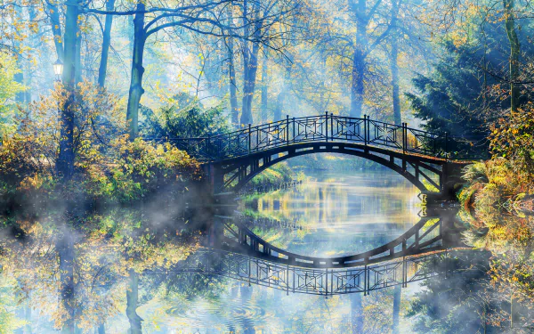 HD desktop wallpaper featuring a serene nature scene with a river, a bridge reflecting in the water, sunbeams filtering through trees in a park. Beautiful photography capturing tranquility.