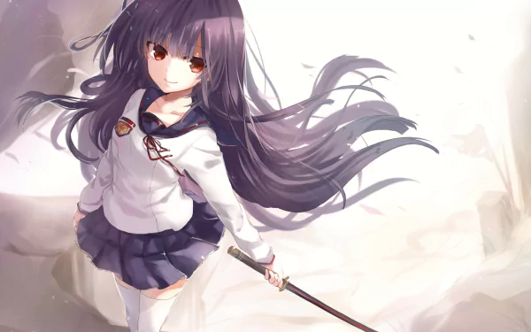 Anime character Mahiru Hīragi from Seraph of the End with long purple hair, red eyes, and a school uniform, holding a sword and smiling. The HD wallpaper features a backdrop of soft colors.