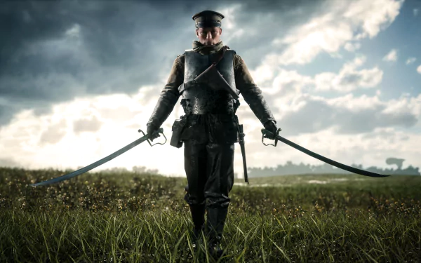 HD Battlefield 1 desktop wallpaper featuring a soldier holding two swords, standing in a grassy field under a cloudy sky.