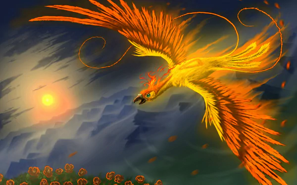 A golden fantasy phoenix soars against a dramatic sky at sunset, surrounded by swirling flames and glowing embers in this HD PC desktop wallpaper.
