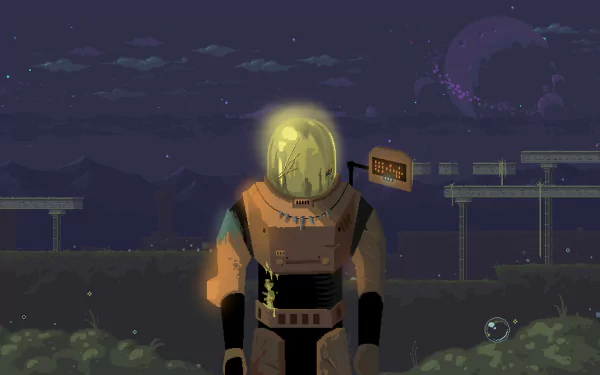 HD desktop wallpaper and background from the game Risk of Rain, featuring an astronaut overlooking a night landscape with a distant planet.