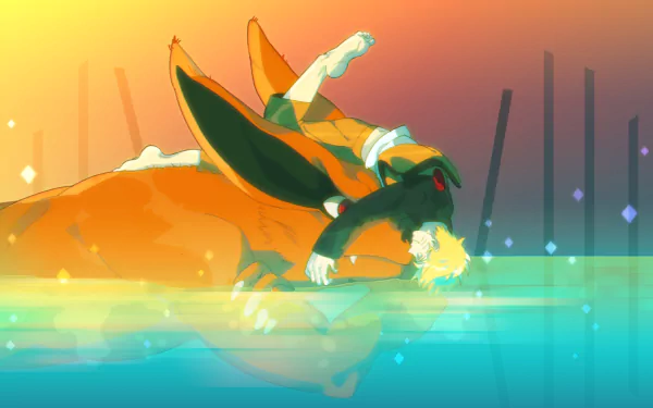 HD desktop wallpaper featuring Naruto Uzumaki and Kyūbi from the anime Naruto, with a vibrant and serene background.