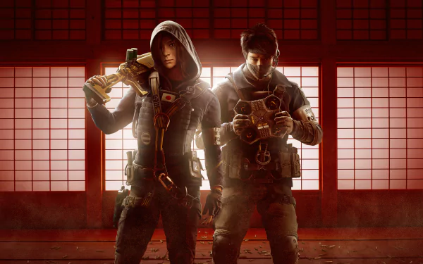 4K Ultra HD wallpaper featuring Hibana and Echo from Tom Clancy's Rainbow Six: Siege, set against a traditional Japanese shoji screen background.