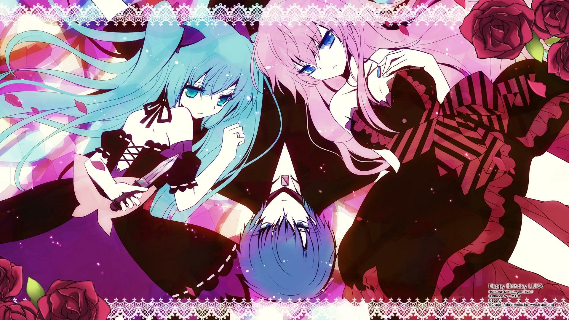 HD anime desktop wallpaper of Vocaloid Project DIVA trio—Hatsune Miku, Luka Megurine and Kaito—styled in gothic dresses with roses and lace on a vivid pink-purple background.