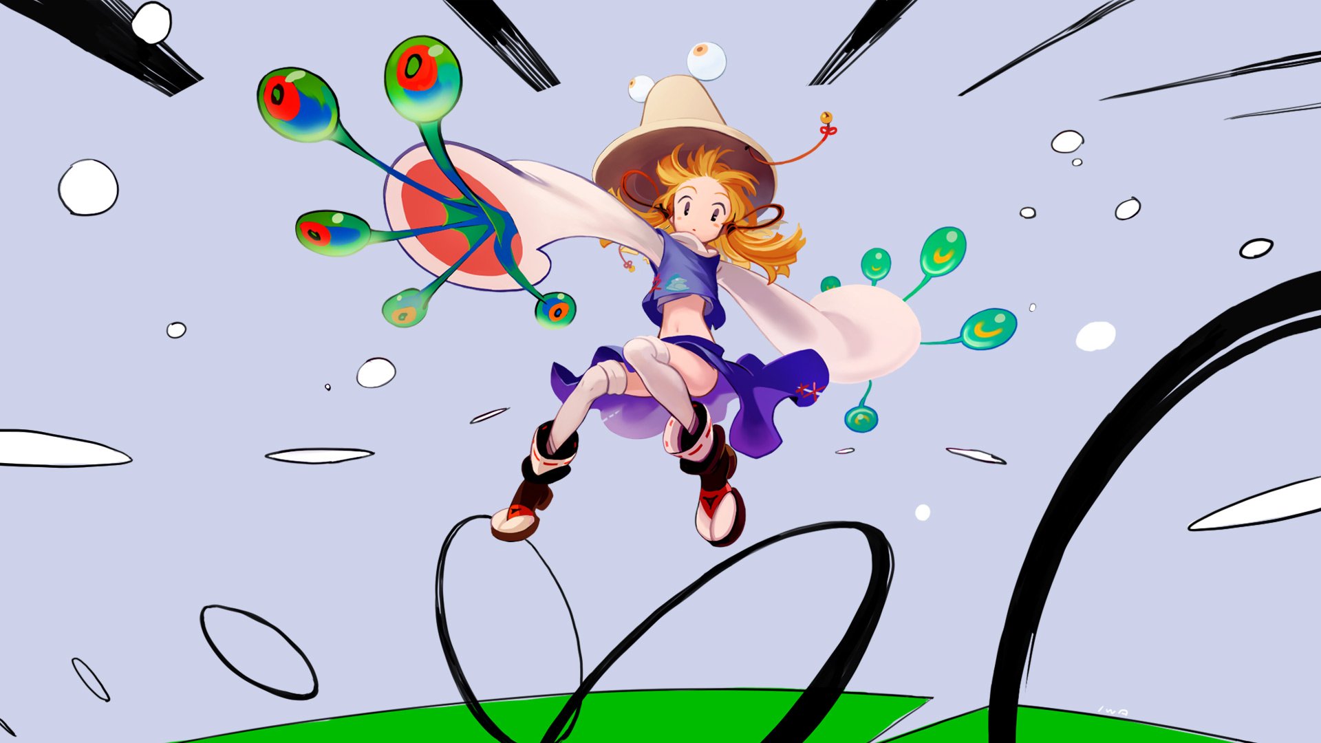 HD PC desktop wallpaper of Suwako Moriya (Touhou) anime: dynamic jumping pose, frog-themed hat and green eye-like orbs against a pastel backdrop.