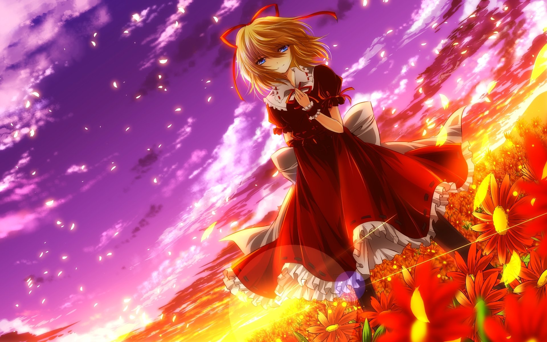 HD PC desktop wallpaper/background: Touhou anime character Medicine Melancholy in a red dress amid glowing red flowers beneath a vivid purple sunset.