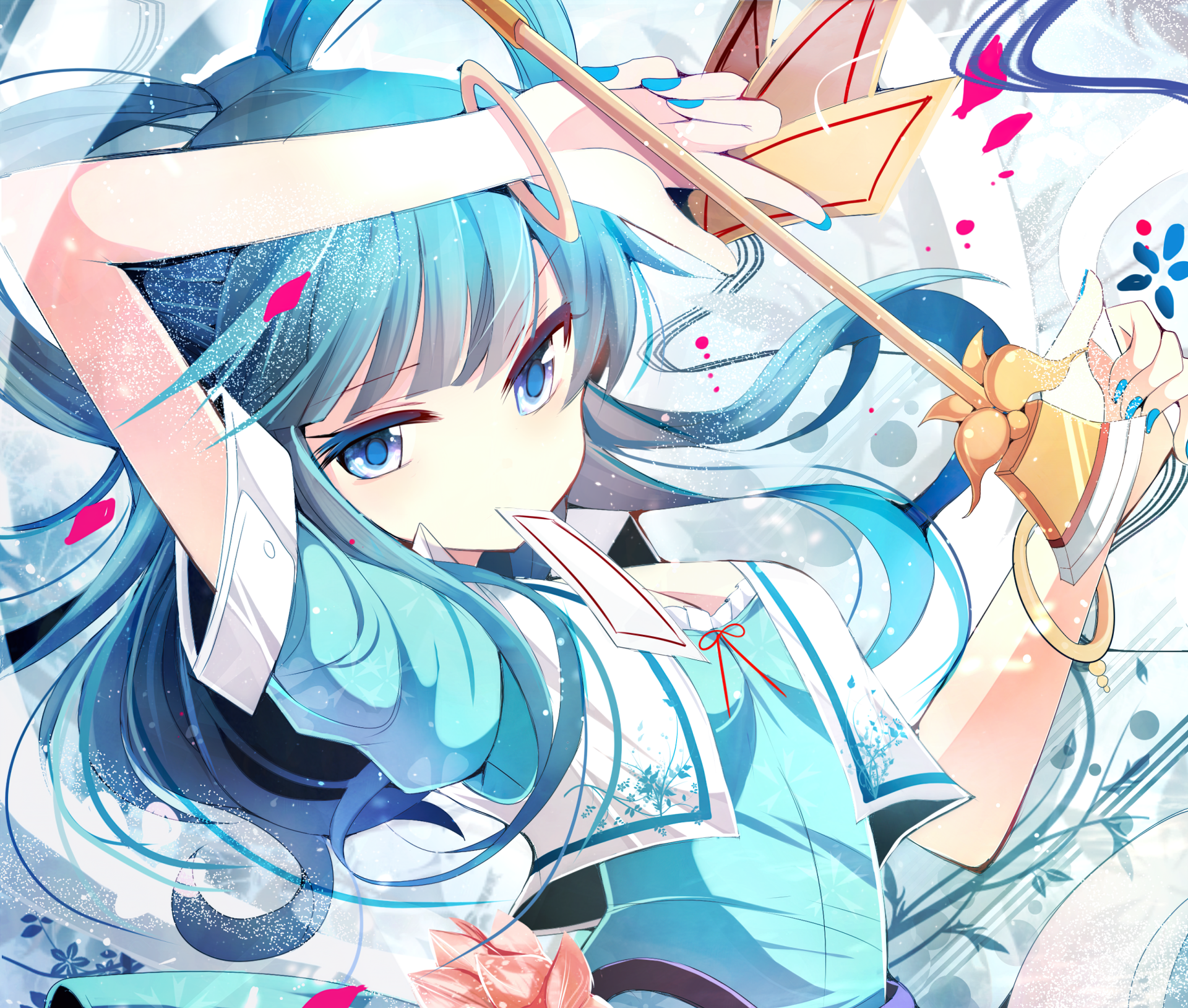 Seiga Kaku (Touhou) anime art — blue‑haired character with flowing ribbons and a scepter, petals and water motifs; vibrant 2K Quad HD PC desktop wallpaper/background.