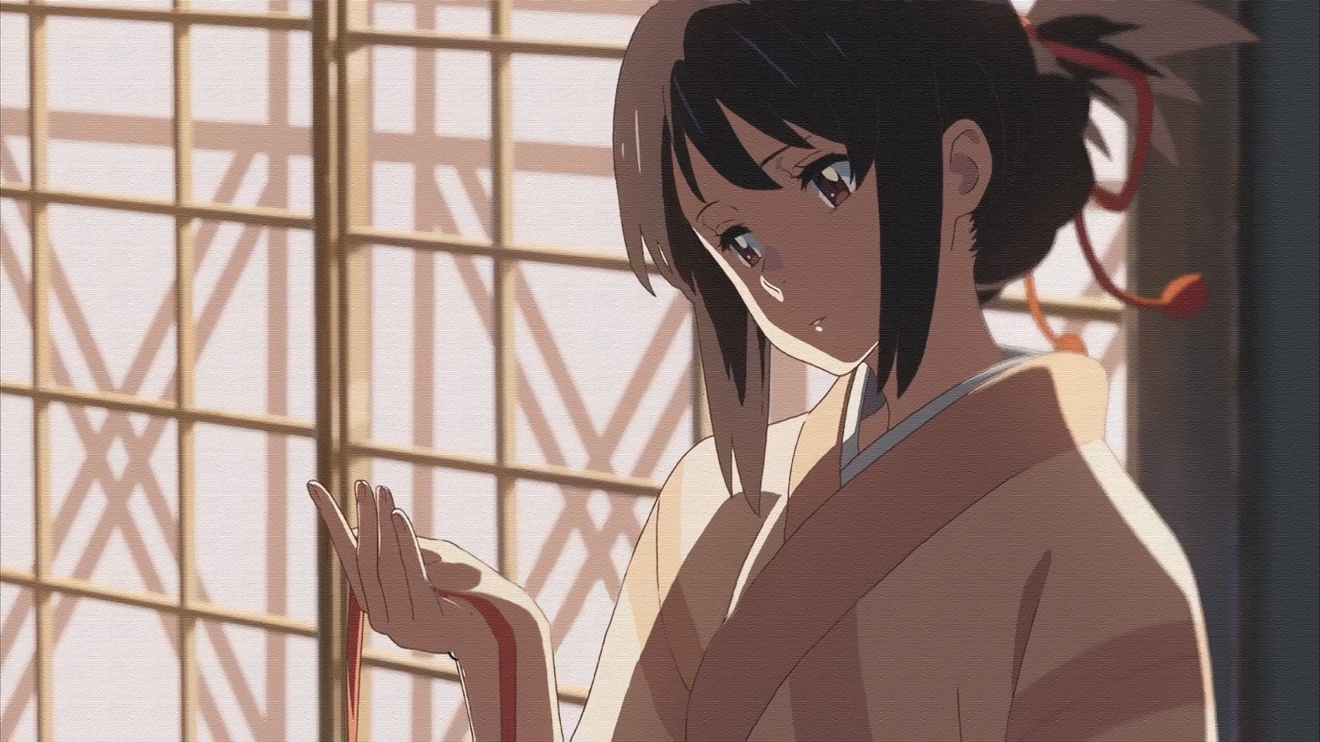 Anime HD desktop wallpaper featuring Mitsuha Miyamizu from Your Name., showing her holding a red thread in a traditional Japanese room.