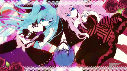 HD anime desktop wallpaper of Vocaloid Project DIVA trio—Hatsune Miku, Luka Megurine and Kaito—styled in gothic dresses with roses and lace on a vivid pink-purple background.