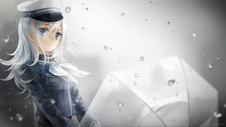 HD PC desktop wallpaper featuring anime-style Vocaloid character Haku Yowane with silver hair, blue eyes, and a white cap, holding a translucent umbrella in a grayscale setting.