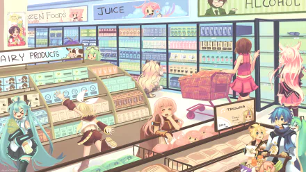 HD anime-style desktop wallpaper featuring multiple Vocaloid characters—including Hatsune Miku, Len and Rin Kagamine, Kaito, Meiko, GUMI, IA, Galaco, SF-A2 Miki, Kaai Yuki, and SeeU—in a vibrant supermarket scene.