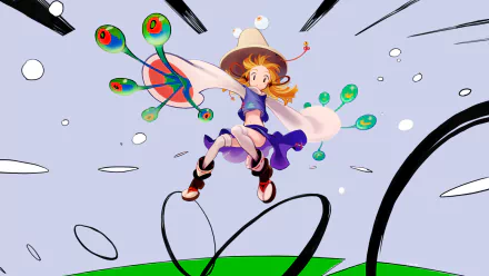 HD PC desktop wallpaper of Suwako Moriya (Touhou) anime: dynamic jumping pose, frog-themed hat and green eye-like orbs against a pastel backdrop.