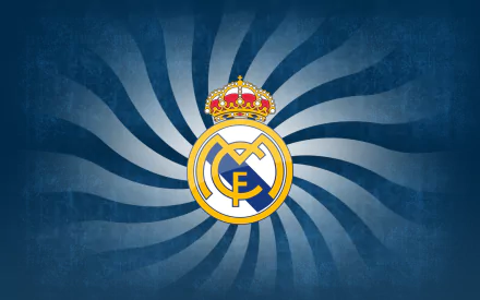 HD desktop wallpaper featuring the Real Madrid C.F. logo, set against a striking blue spiral background, capturing the essence of this iconic sports team.