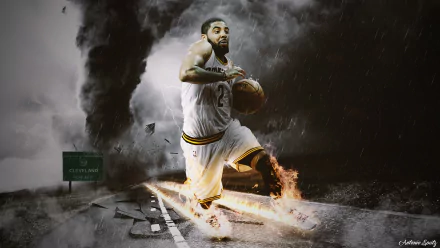A dynamic HD wallpaper featuring Kyrie Irving, captured in action against a dramatic backdrop of swirling clouds and debris, epitomizing the intensity of sports.