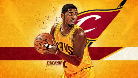 HD desktop wallpaper of a basketball player in a yellow Cleveland Cavaliers jersey, poised for action against a vibrant yellow and red background.