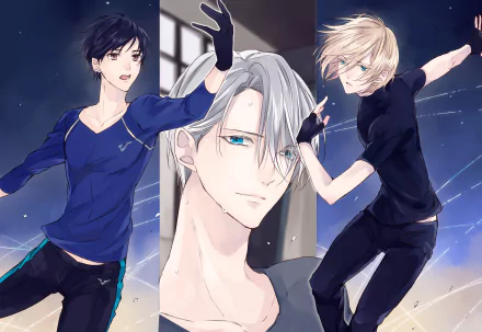 HD desktop wallpaper and background featuring characters from the anime Yuri!!! on ICE, showcasing Yuuri Katsuki, Victor Nikiforov, and Yuri Plisetsky in dynamic ice skating poses.