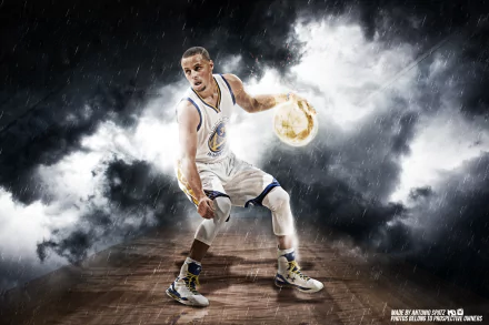 A dynamic HD desktop wallpaper featuring Stephen Curry in action on a basketball court with a dramatic stormy background.