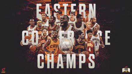 HD desktop wallpaper featuring Eastern Conference Champs with Cleveland Cavaliers basketball players and team logo.
