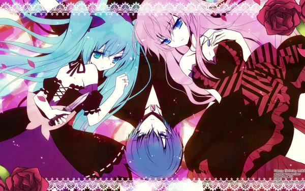 HD anime desktop wallpaper of Vocaloid Project DIVA trio—Hatsune Miku, Luka Megurine and Kaito—styled in gothic dresses with roses and lace on a vivid pink-purple background.