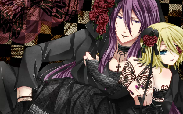 HD PC desktop wallpaper: anime Vocaloid Kamui Gakupo and Len Kagamine in gothic attire — purple-haired Gakupo embraces blond Len amid roses and lace on a patterned background.