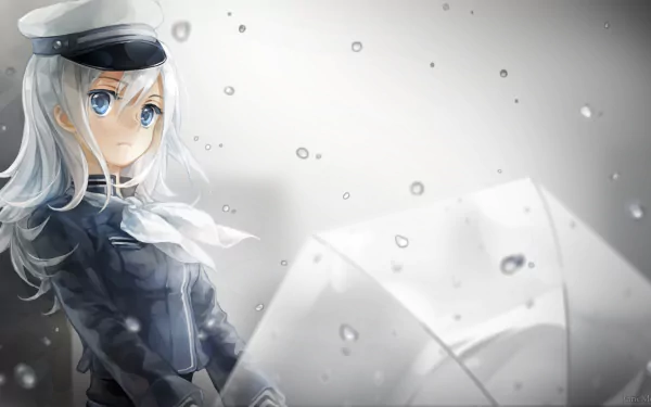 HD PC desktop wallpaper featuring anime-style Vocaloid character Haku Yowane with silver hair, blue eyes, and a white cap, holding a translucent umbrella in a grayscale setting.
