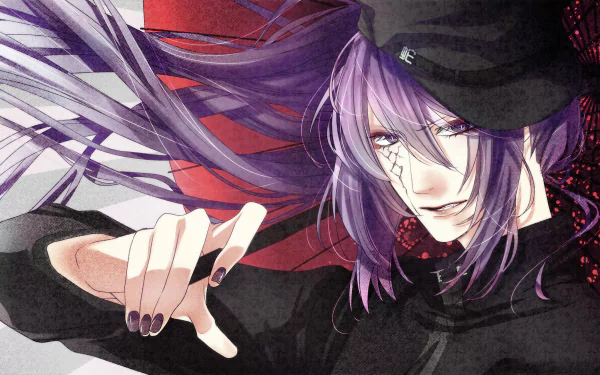 HD anime-style desktop wallpaper featuring Kamui Gakupo from Vocaloid with flowing purple hair, a black outfit, and a confident expression.