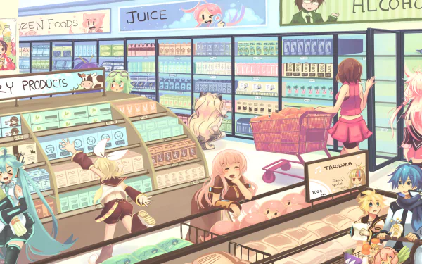 HD anime-style desktop wallpaper featuring multiple Vocaloid characters—including Hatsune Miku, Len and Rin Kagamine, Kaito, Meiko, GUMI, IA, Galaco, SF-A2 Miki, Kaai Yuki, and SeeU—in a vibrant supermarket scene.