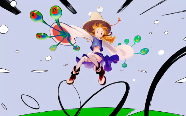 HD PC desktop wallpaper of Suwako Moriya (Touhou) anime: dynamic jumping pose, frog-themed hat and green eye-like orbs against a pastel backdrop.