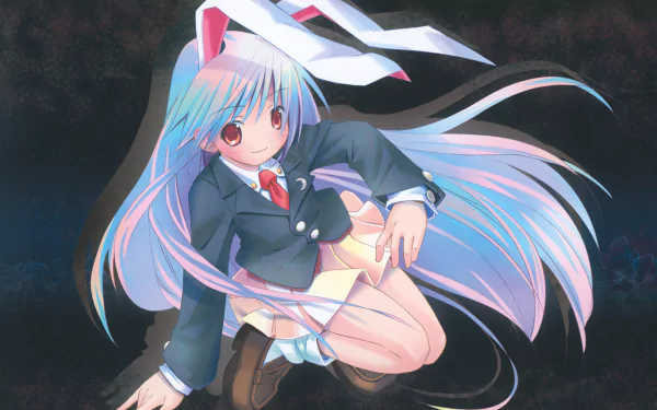 Reisen Udongein Inaba from Touhou in anime style, long pink-blue hair and rabbit ears in a school uniform, seated on a dark background — 5K Ultra HD PC desktop wallpaper/background.