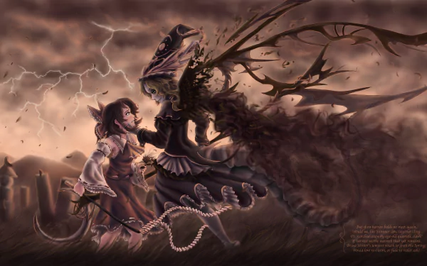 HD anime wallpaper featuring Reimu Hakurei and Mima from Touhou. Reimu faces a mysterious witch against a stormy, lightning-filled background.