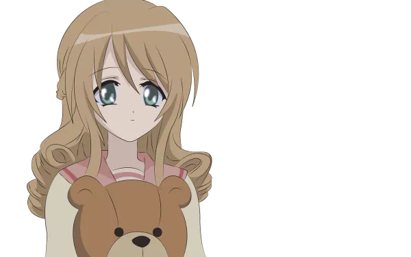 8K Ultra HD anime PC desktop wallpaper (Strawberry Panic!): brown wavy-haired girl with green eyes clutching a teddy bear against a plain background.