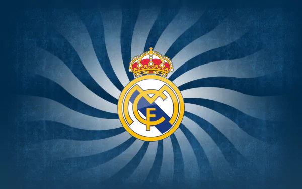 HD desktop wallpaper featuring the Real Madrid C.F. logo, set against a striking blue spiral background, capturing the essence of this iconic sports team.