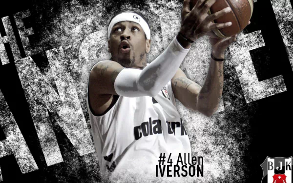 HD desktop wallpaper of Allen Iverson in action on the basketball court with a dynamic black and white background.