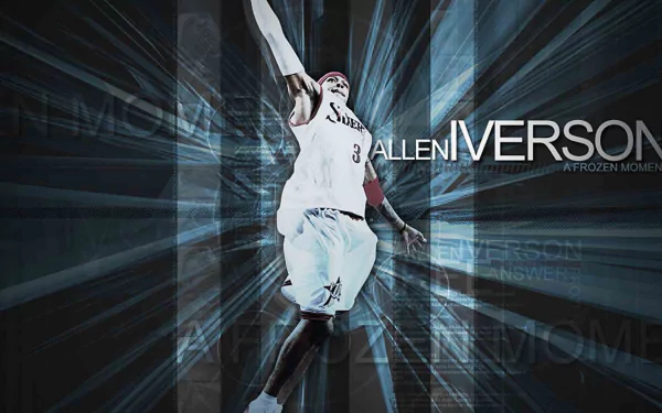 HD desktop wallpaper featuring a dynamic pose of basketball player Allen Iverson with stylized background graphics.