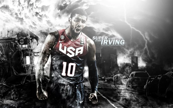 HD desktop wallpaper featuring a dynamic graphic of a basketball player in a USA jersey with a stylized stormy background.