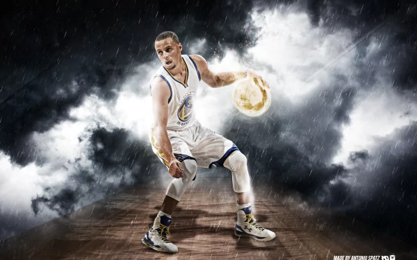 A dynamic HD desktop wallpaper featuring Stephen Curry in action on a basketball court with a dramatic stormy background.