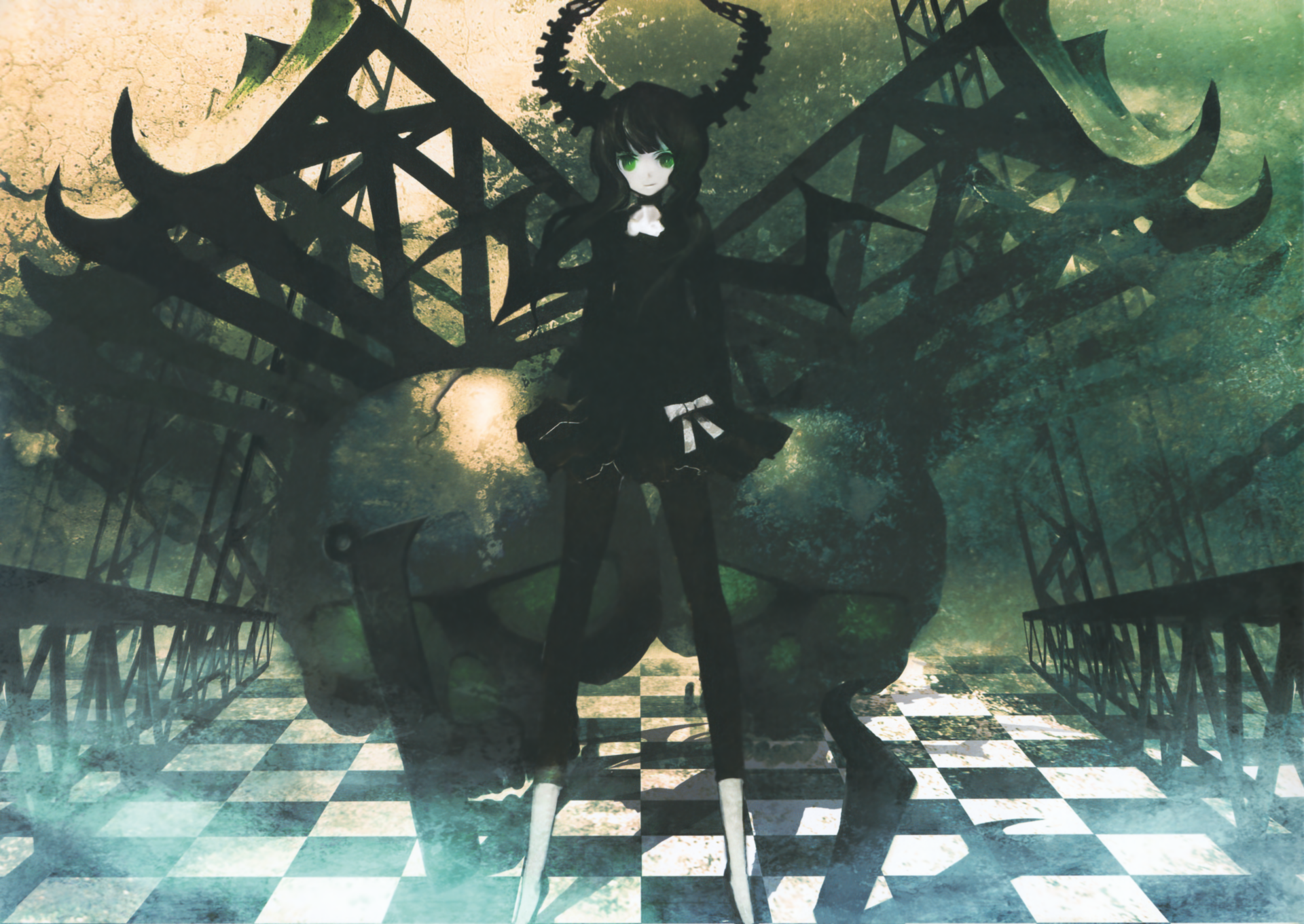 Dead Master from Black Rock Shooter stands on a checkered floor with dark mechanical wings and glowing green eyes in this 4K Ultra HD anime desktop wallpaper.