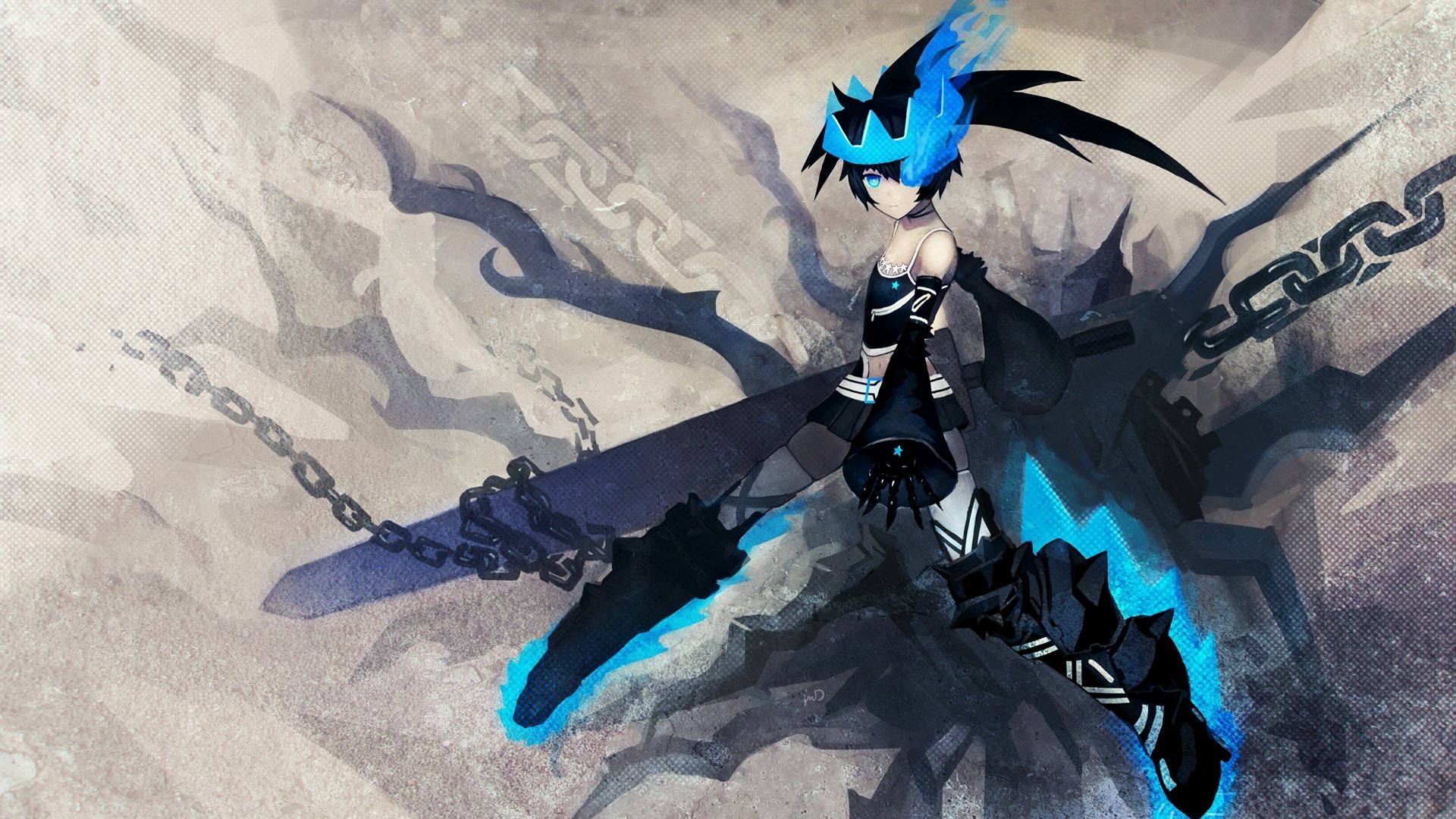 Anime HD PC desktop wallpaper and background: Black Rock Shooter with glowing blue eye and oversized blade, chains and shadowy tendrils.