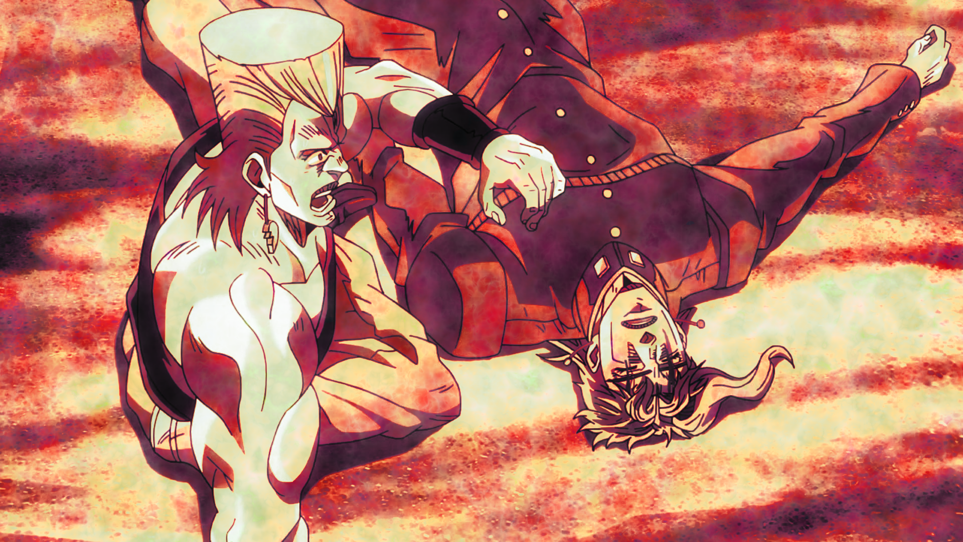 HD PC desktop wallpaper of JoJo's Bizarre Adventure featuring Jean Pierre Polnareff and Noriaki Kakyoin in a dynamic pose against a fiery red-orange textured background.