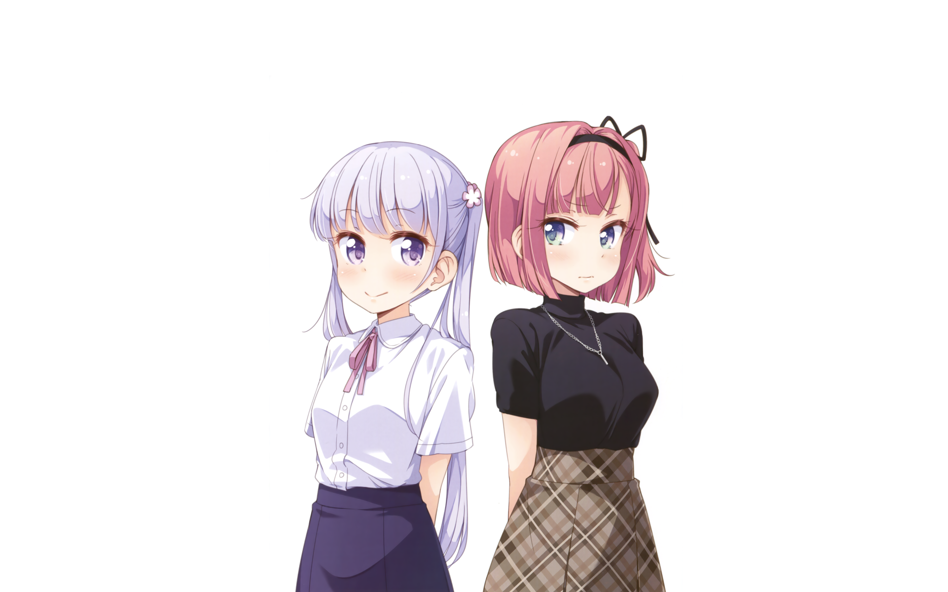 Anime-style artwork of two girls from New Game! featured in a 4K Ultra HD PC desktop wallpaper with clean white background.