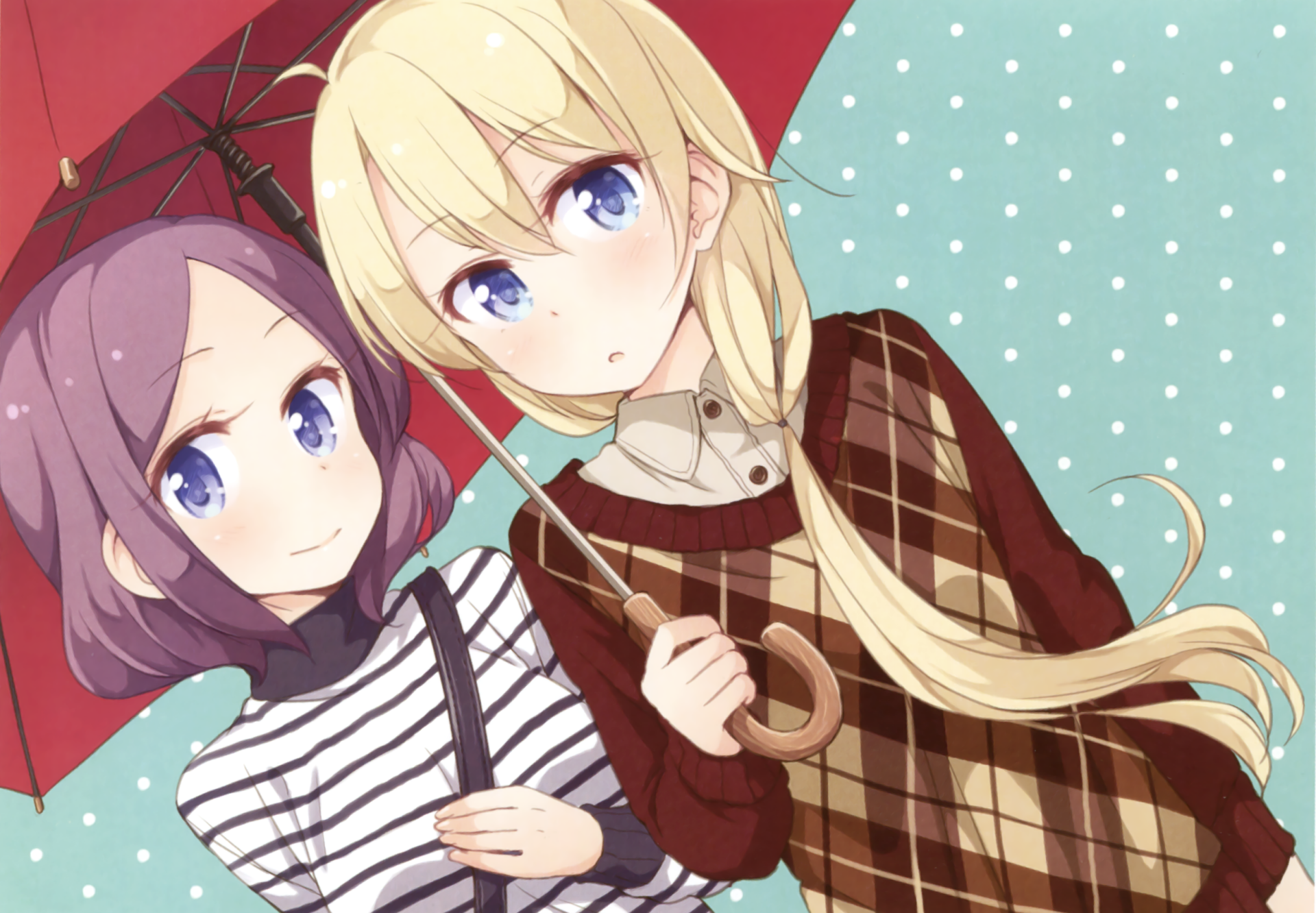 HD anime wallpaper from New Game! featuring two girls with blue eyes, one holding a red umbrella, against a split polka dot and solid background.