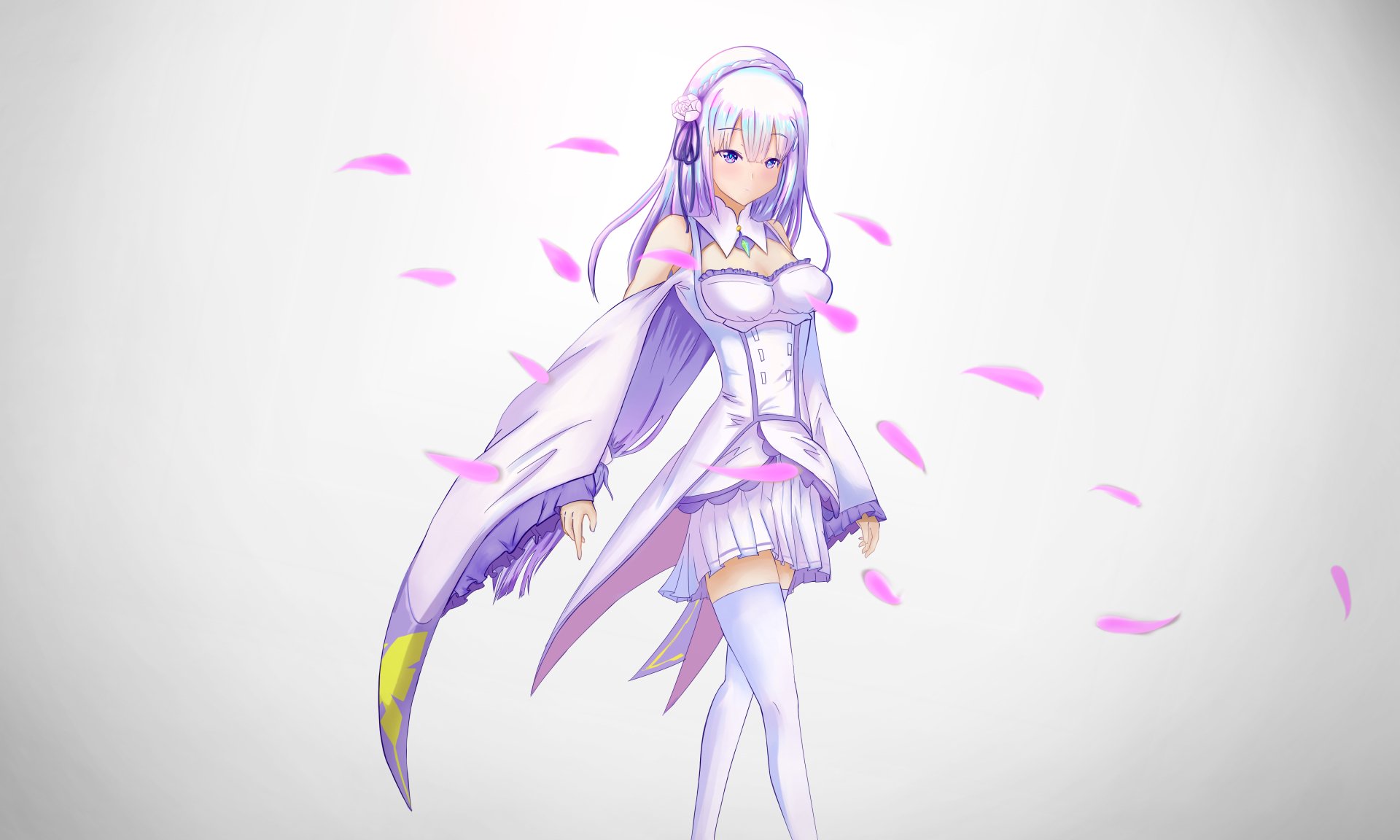 Emilia from Re:Zero - Starting Life in Another World, featured in a 4K Ultra HD anime desktop wallpaper with soft pink petals floating around her.