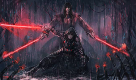 A dramatic HD wallpaper featuring a Sith woman warrior and a towering hooded figure, both wielding red lightsabers in a rain-soaked, ominous Sci-Fi Star Wars scene.