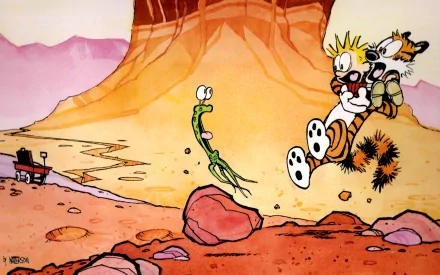 Calvin and Hobbes leap in fright as a snake jumps out at them in a colorful desert scene. This HD desktop wallpaper captures a vibrant moment from the comic series.