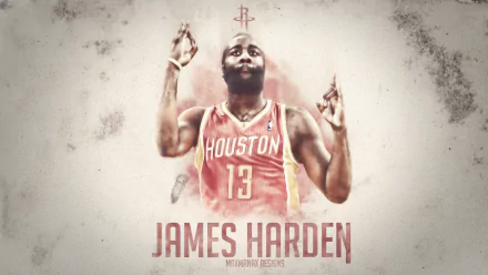 HD desktop wallpaper featuring basketball player James Harden in a Houston Rockets jersey, with a stylized backdrop and text.