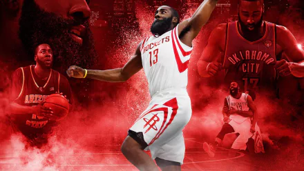 HD desktop wallpaper featuring James Harden in various basketball action poses with a red artistic background.