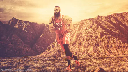 HD desktop wallpaper featuring James Harden in a Houston Rockets jersey with a mountainous background.